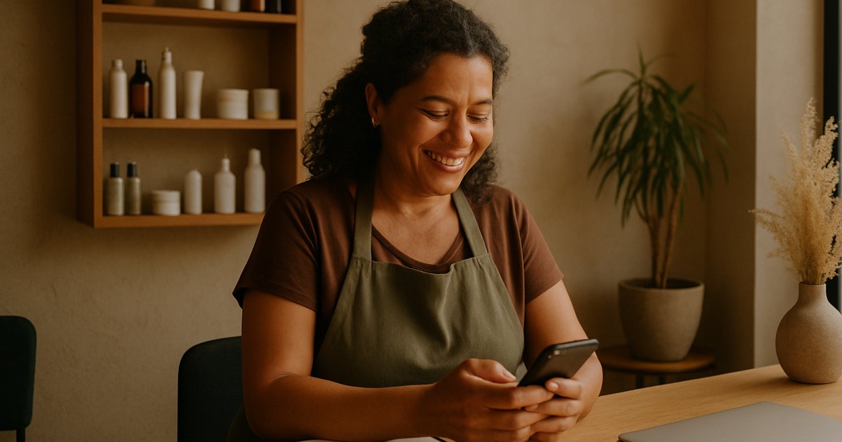 Como conseguir clientes no whatsapp: dona de pequeno negócio sorrindo enquanto responde cliente no celular pelo WhatsApp