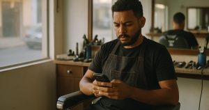 Dono de barbearia olhando no celular a ferramenta para captar leads antes de abrir o salão