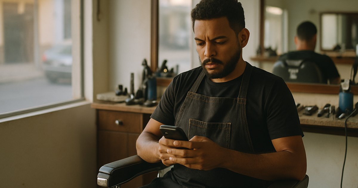 Dono de barbearia olhando no celular a ferramenta para captar leads antes de abrir o salão