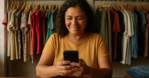 Funil de vendas que vende sozinho: dono de pequeno negócio brasileiro respondendo clientes no celular atrás do balcão